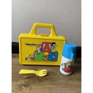 Fisher Price Toys 1979 Mini Lunch Box Yellow Thermos ABC 638 Vintage Pencil Box
